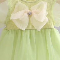 Girls Green Puff Sleeves Casual Dress with Statement Bow Casual Dresses