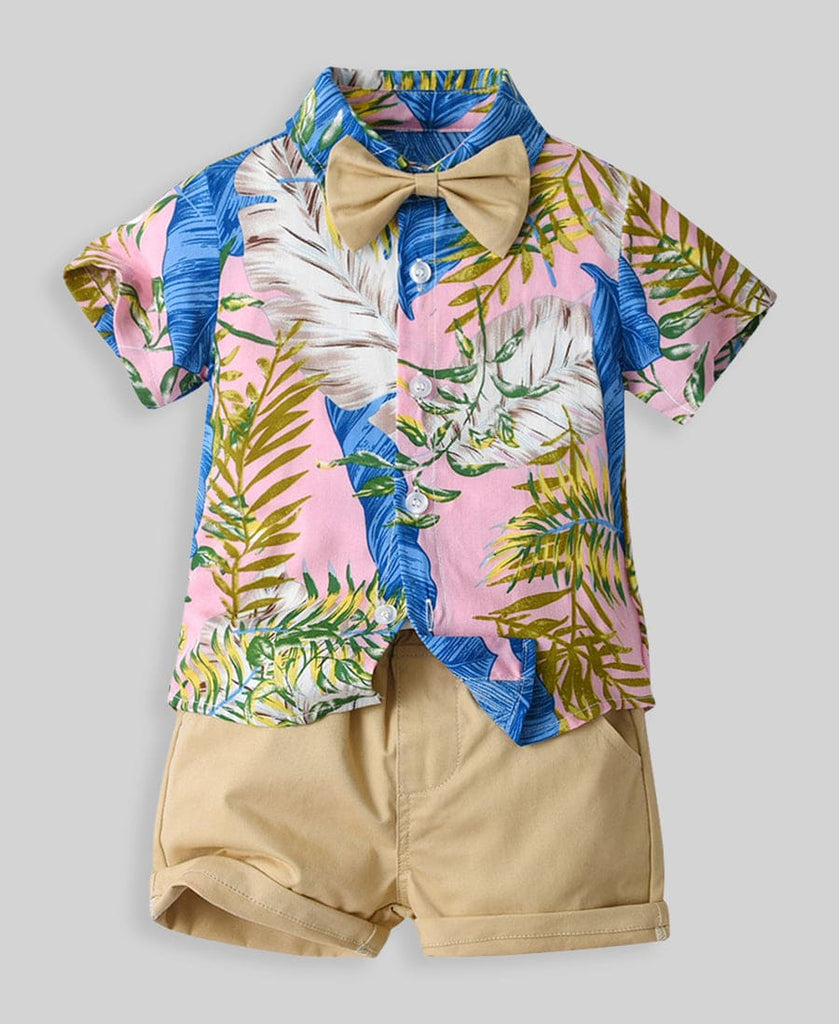 Boys Khaki Leaf Print Shirt With Solid Shorts Casual Clothing Sets Sets Style 3 1-2 Y 