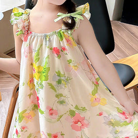 Girls Multicolor Floral Print Sleeveless Dress with Bow Straps Casual Dresses