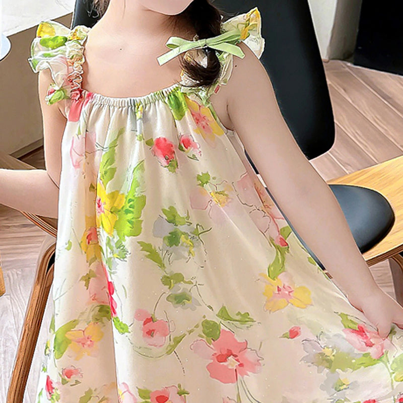 Girls Multicolor Floral Print Sleeveless Dress with Bow Straps Casual Dresses