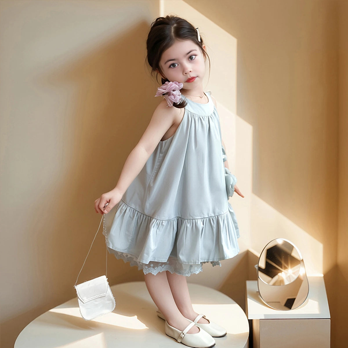 Girls Blue Flowers Applique Sleeveless Summer A-line Dress Casual Dresses