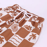 Boys Brown Tropical Print Checked Shirt With T-Shirt And Shorts Sets 3 pc. Sets