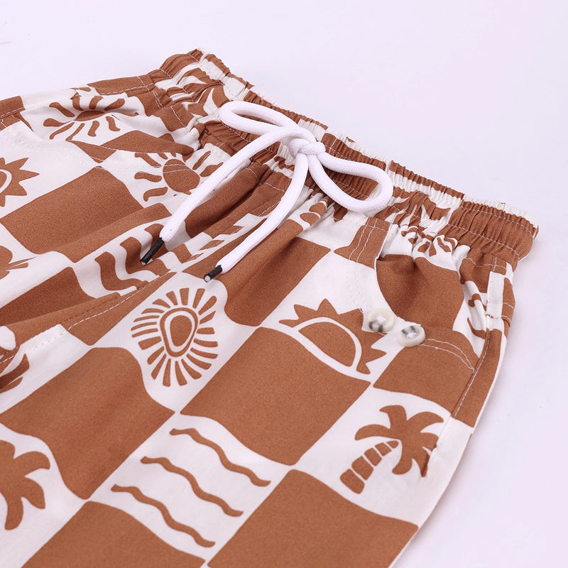 Boys Brown Tropical Print Checked Shirt With T-Shirt And Shorts Sets 3 pc. Sets