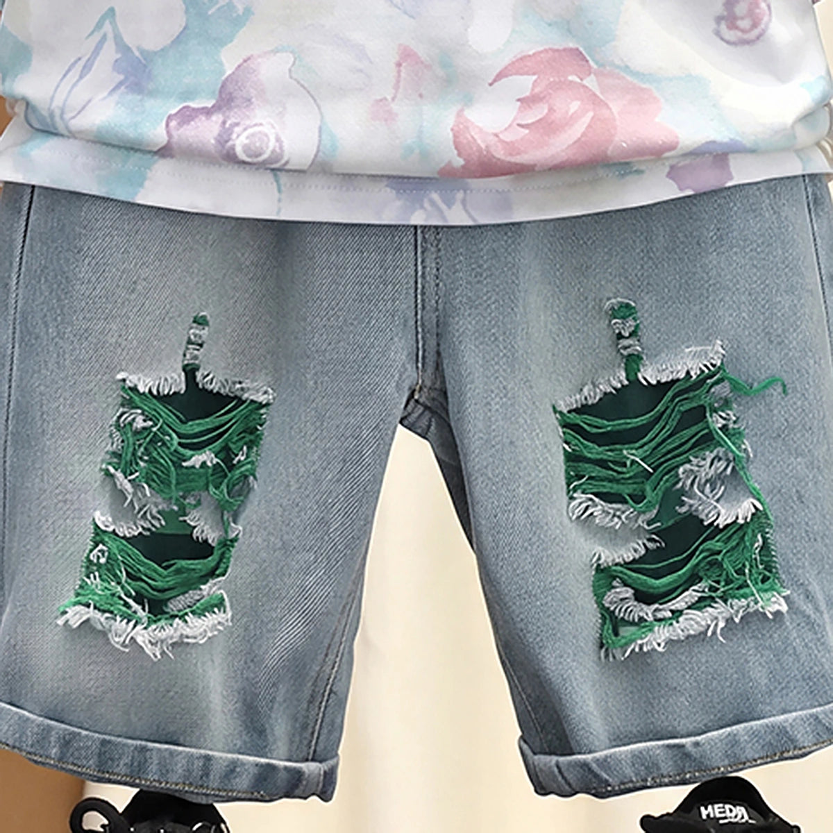 Boys Multicolour Typography Print Short Sleeve T-Shirt With Distressed Denim Shorts Sets 2 pc. Sets