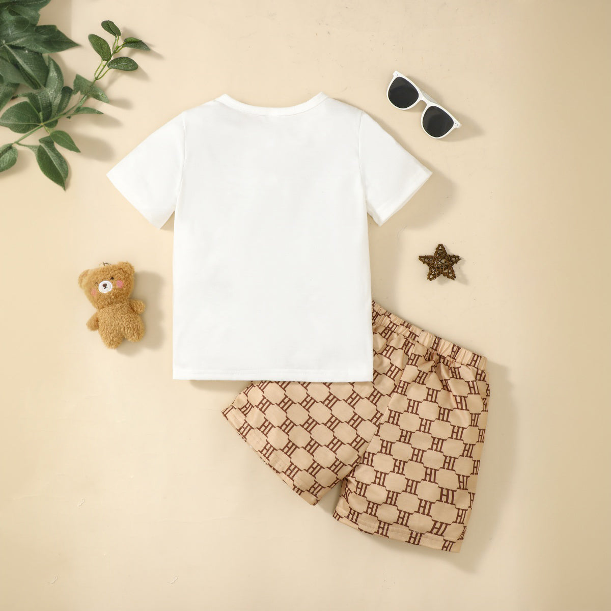 Boys White Short Sleeves Round Neck T-shirt With Printed Shorts Set 2 pc. Sets
