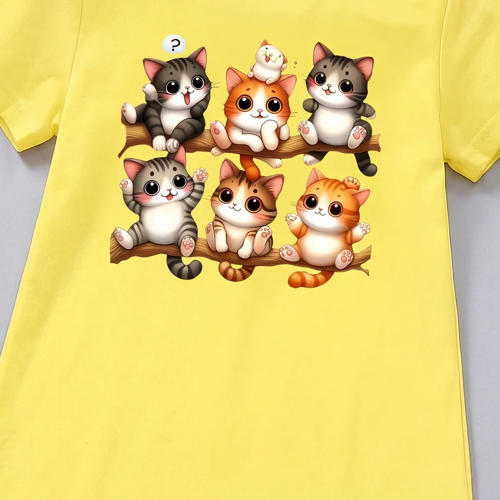 Girls Yellow Kitten Graphic Short Sleeve T-Shirt Dress Casual Dresses