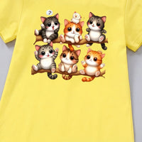 Girls Yellow Kitten Graphic Short Sleeve T-Shirt Dress Casual Dresses