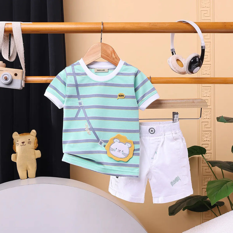 Boys Green Stripes Short Sleeve Print Applique T-Shirt With Elasticated Shorts Sets 2 pc. Sets Green 0-3 M