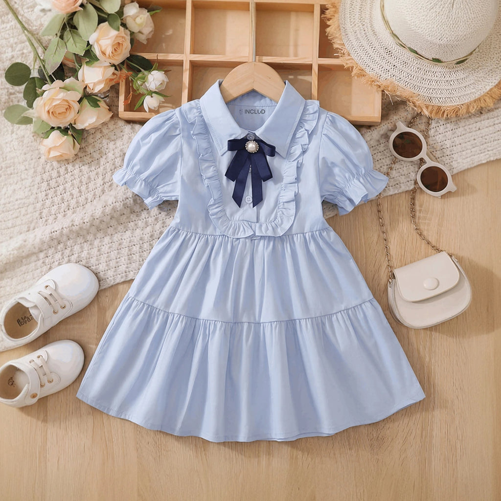 Girls Light Blue Puff Sleeve Tiered Dress Casual Dresses Light Blue 1-2 Y