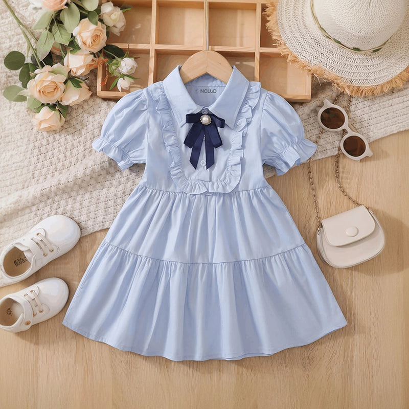 Girls Light Blue Puff Sleeve Tiered Dress Casual Dresses Light Blue 1-2 Y