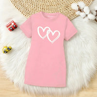 Girls Pink Heart Print Short Sleeve T-Shirt Dress Casual Dresses Pink 4-5 Y