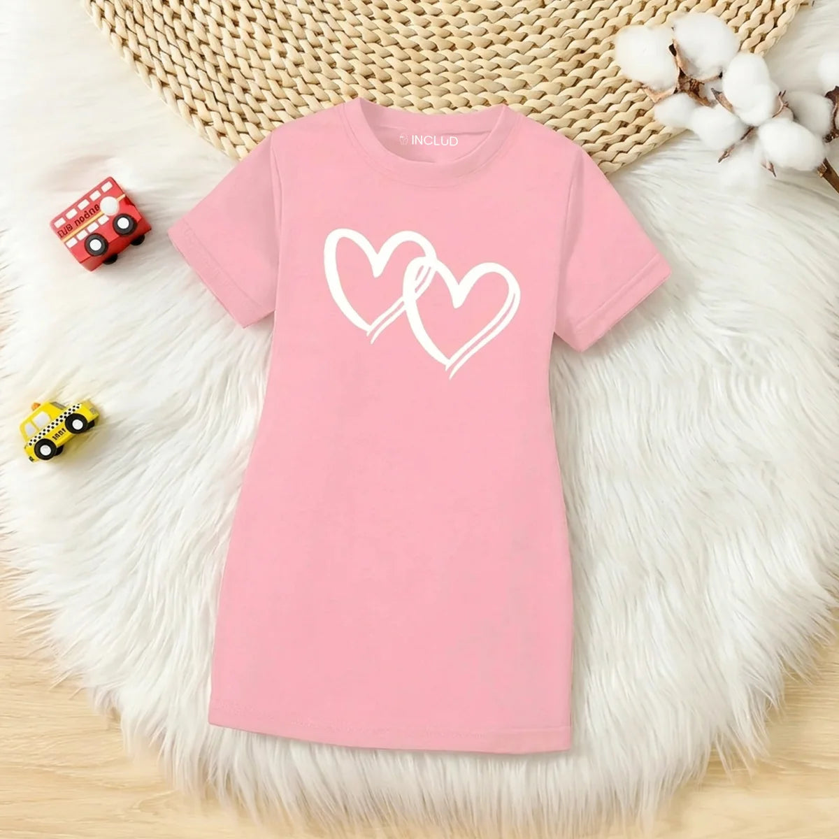 Girls Pink Heart Print Short Sleeve T-Shirt Dress Casual Dresses Pink 4-5 Y