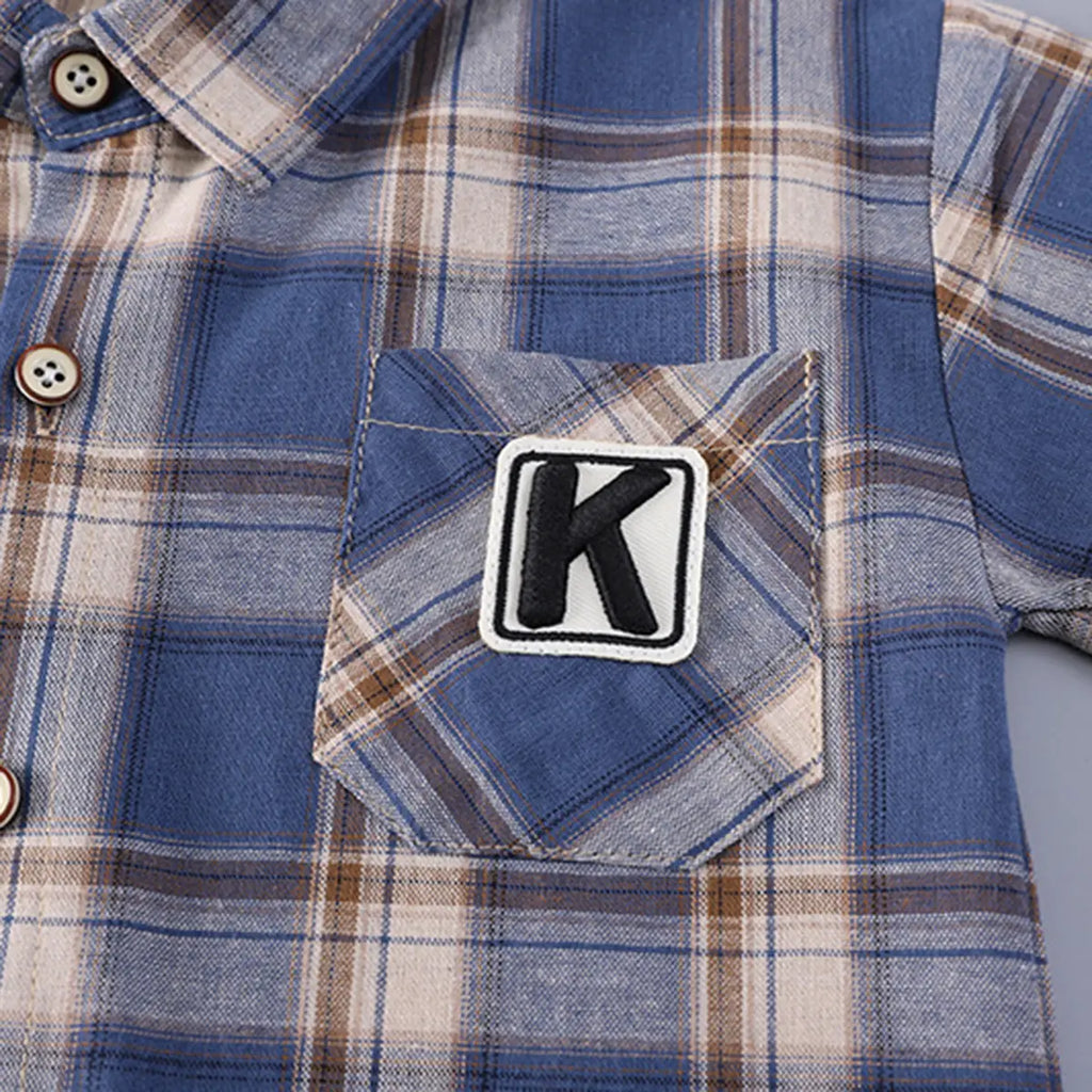 Boys Blue Checked Short Sleeve Shirt With Printed T-Shirt And Shorts Sets 3 pc. Sets
