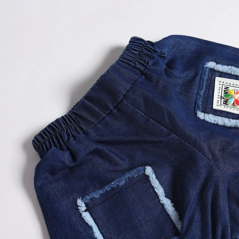 Boys Dark Blue Applique Denim Shirt With Elasticated Shorts Sets 2 pc. Sets