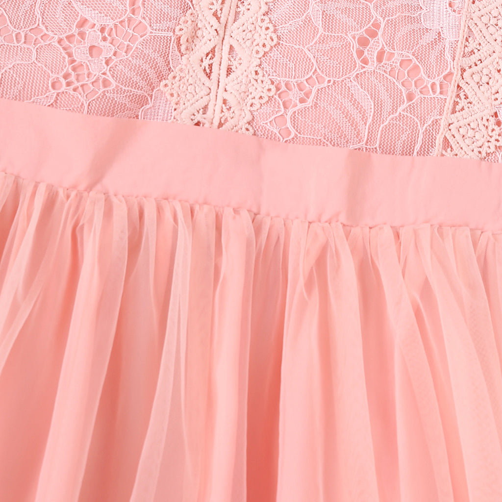 Peach Floral Lace Bodice Tulle Overlay Dress Casual Dresses
