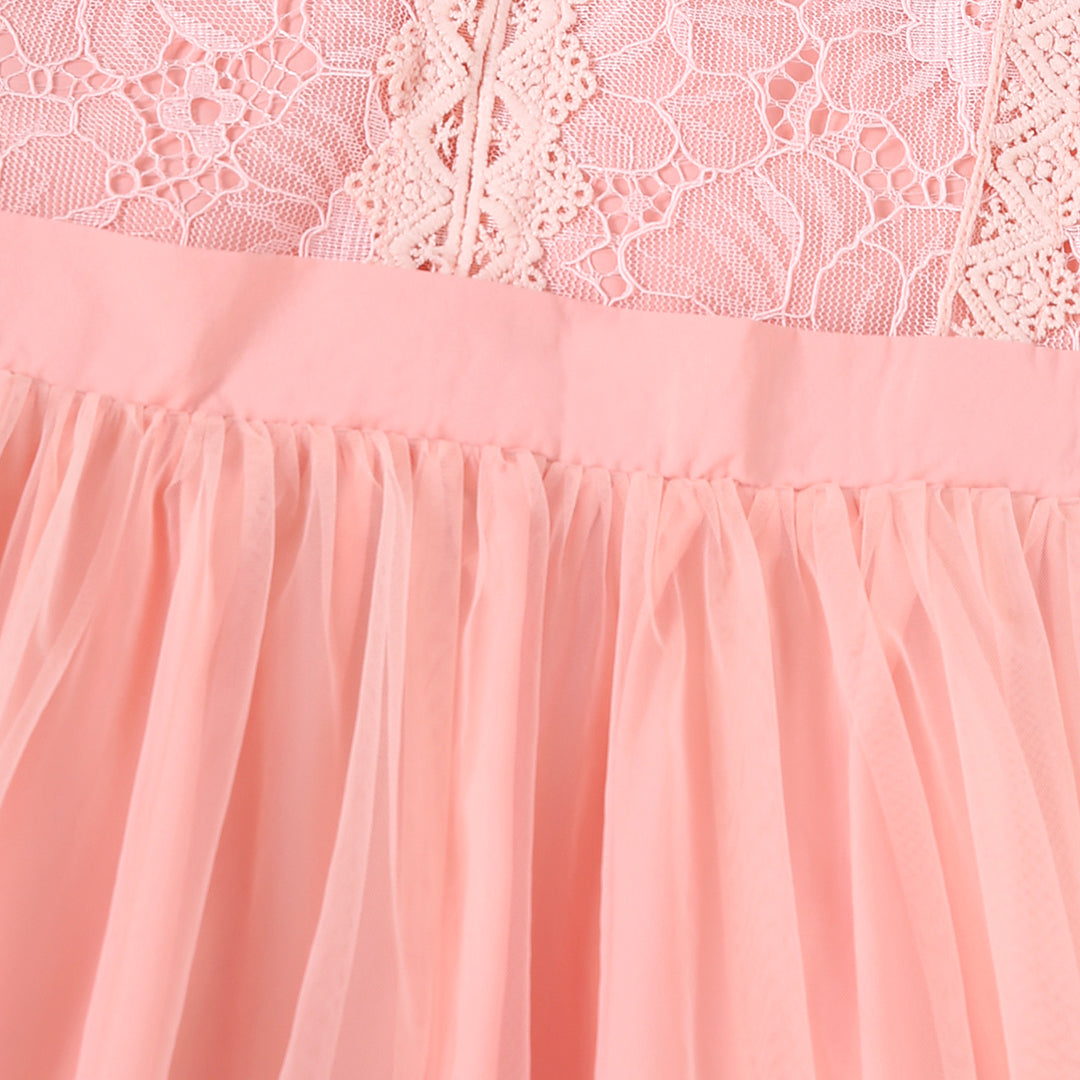 Peach Floral Lace Bodice Tulle Overlay Dress Casual Dresses