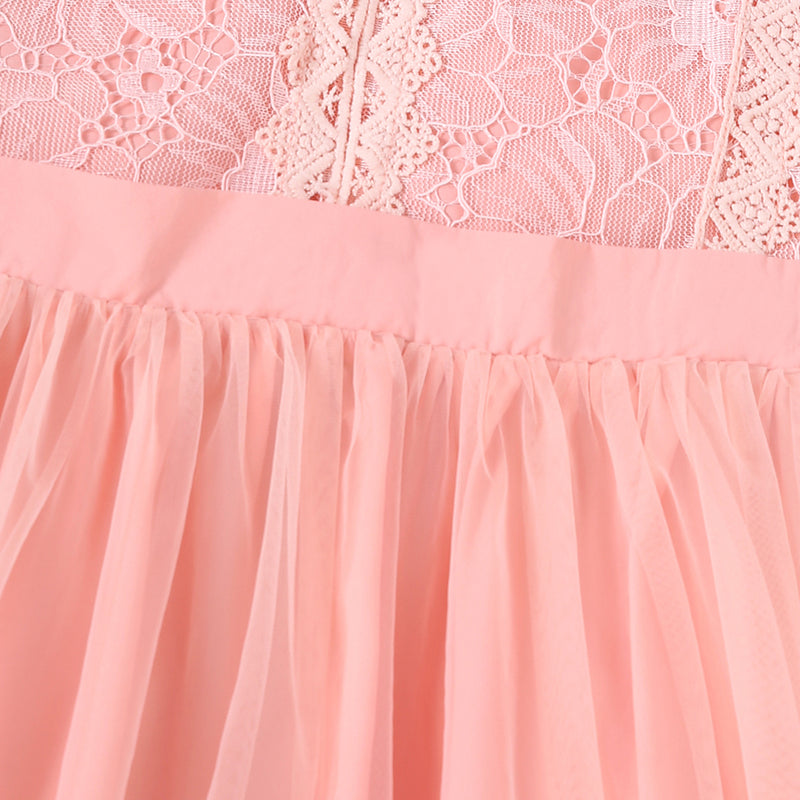 Peach Floral Lace Bodice Tulle Overlay Dress Casual Dresses