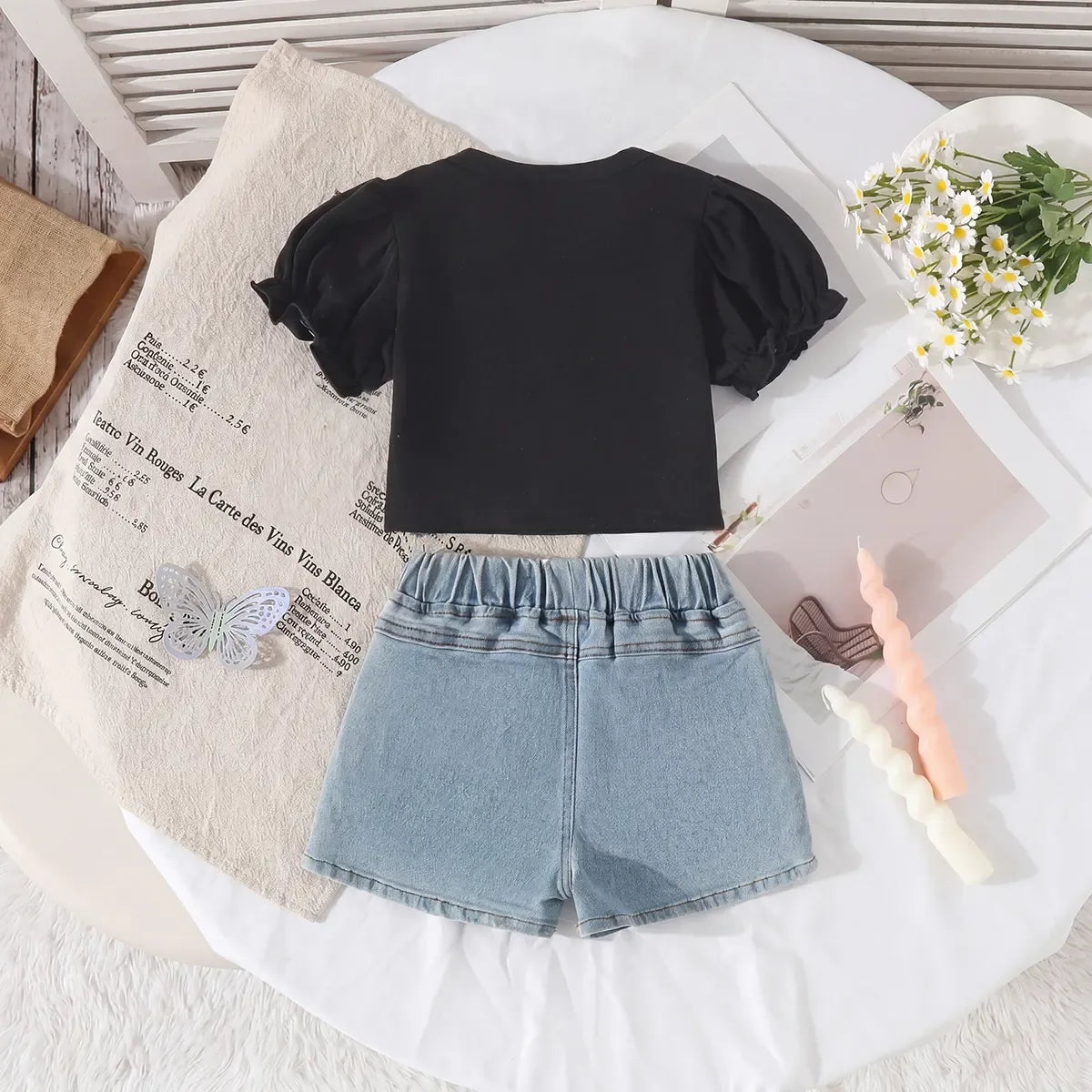Girls Black Floral Print Top With Embroidered Denim Shorts Set Sets