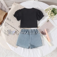 Girls Black Floral Print Top With Embroidered Denim Shorts Set Sets