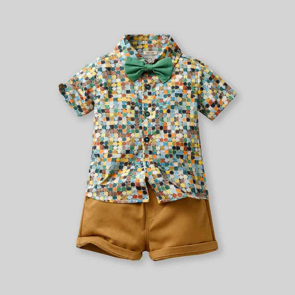 Boys Printed Shirt With Bow & Shorts Set Sets Brown 1-2 Y 