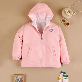 Girls Pink Heart Printed Reversible Hooded Zipper Jacket Coats & Jackets