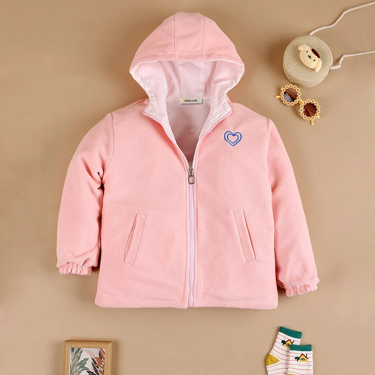 Girls Pink Heart Printed Reversible Hooded Zipper Jacket Coats & Jackets