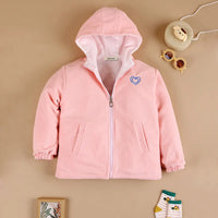 Girls Pink Heart Printed Reversible Hooded Zipper Jacket Coats & Jackets