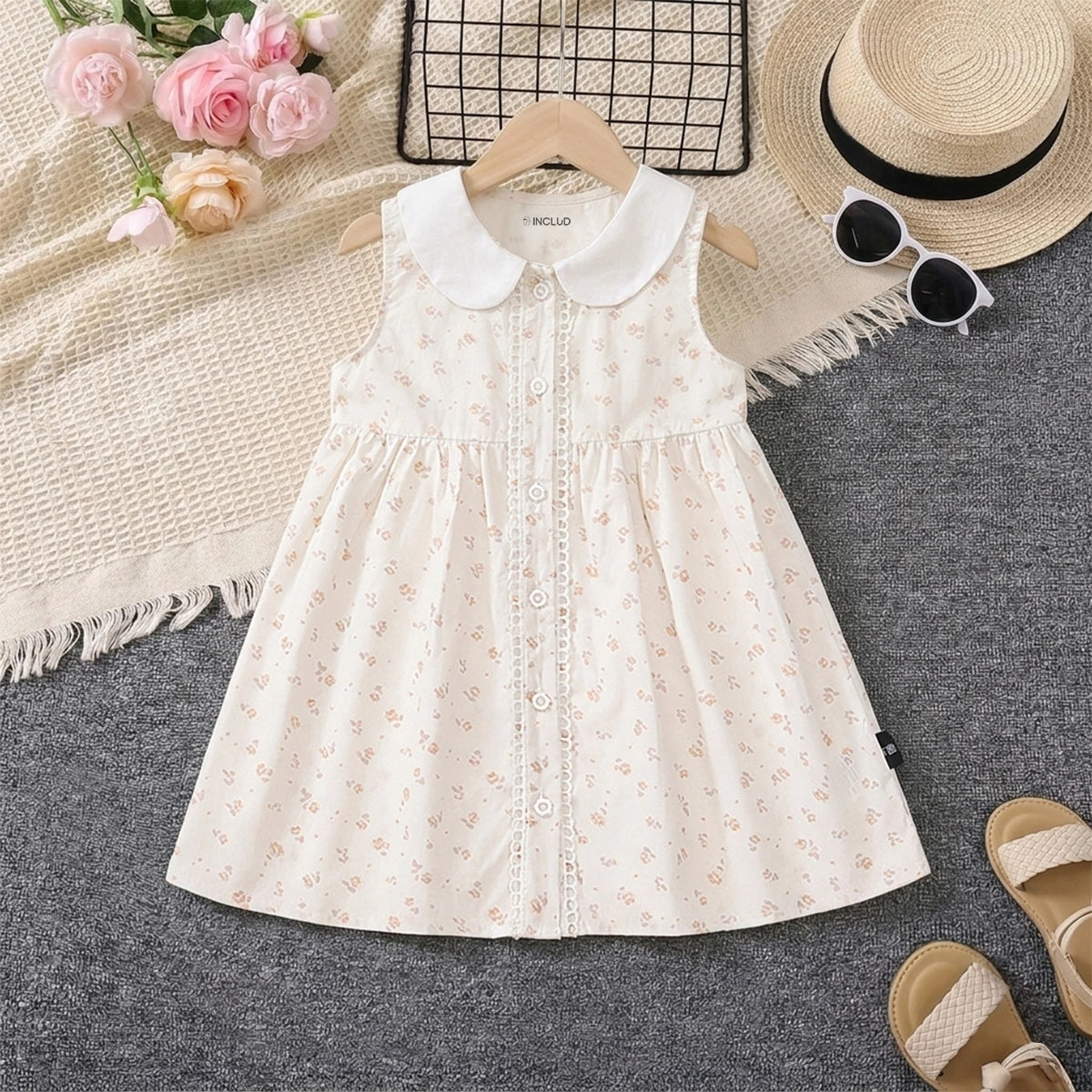 Girls Off-White Floral Printed Peter Pan Collar Fit & Flare Dress Casual Dresses Off White 2-3 Y