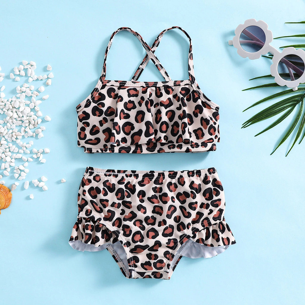 Girls Apricot Leopard Print Top With Briefs Swimwear Sets Sets Apricot 1-2 Y