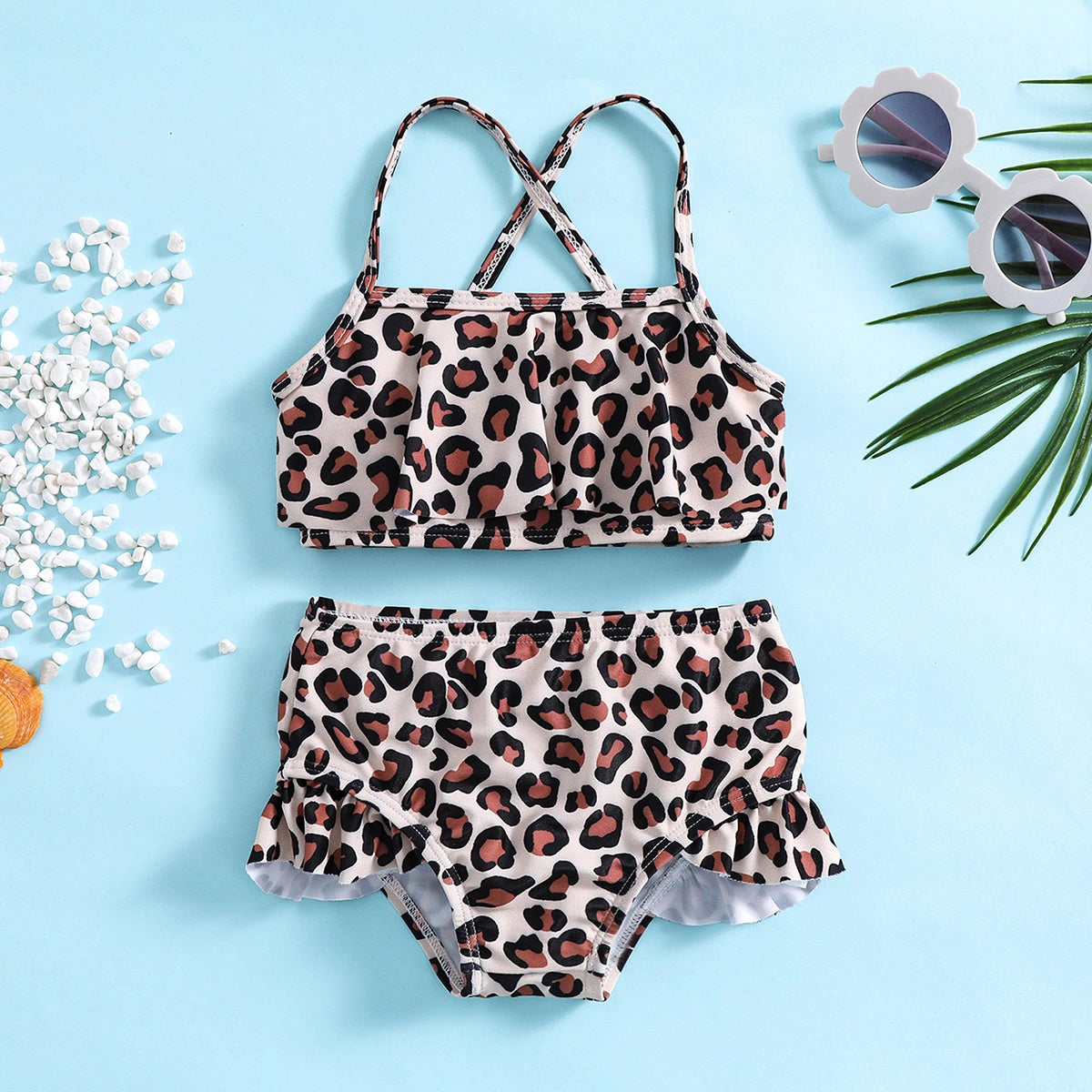Girls Apricot Leopard Print Top With Briefs Swimwear Sets Sets Apricot 1-2 Y