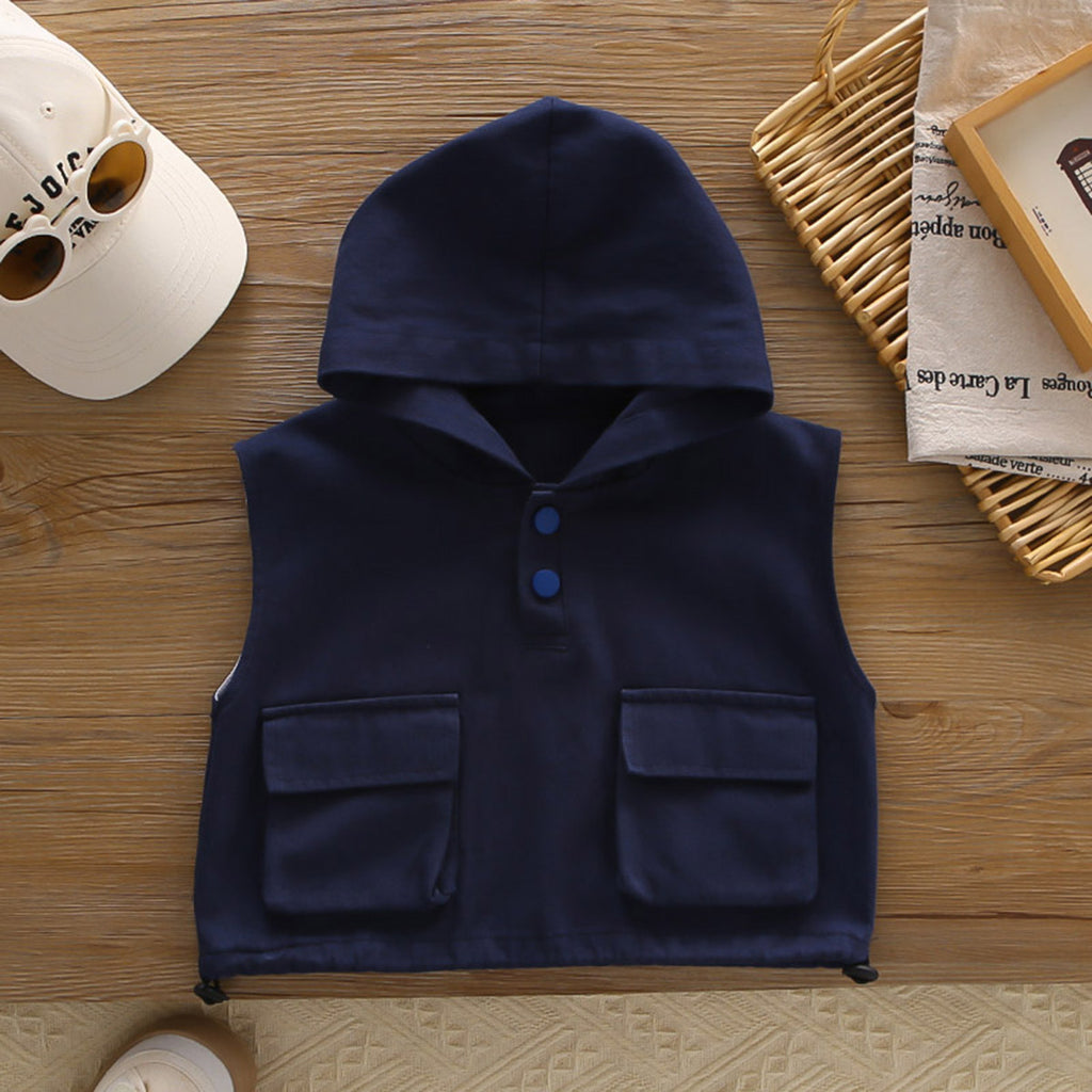 Boys Navy Blue Solid Sleeveless Hooded Jacket With T-Shirt and Pants Set Sets