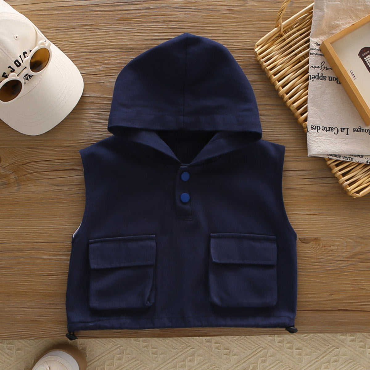 Boys Navy Blue Solid Sleeveless Hooded Jacket With T-Shirt and Pants Set Sets