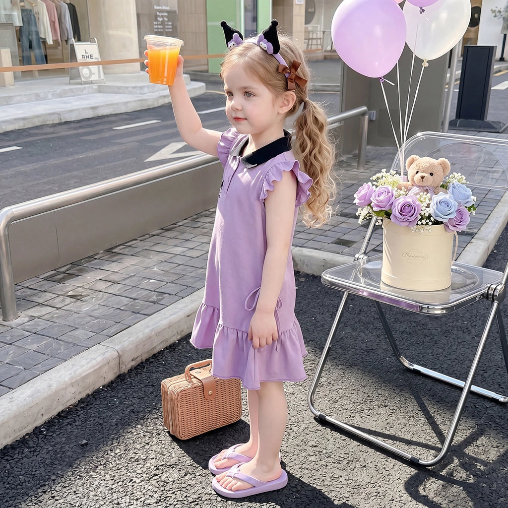 Girls Purple Graphic Print Flutter Sleeve Polo Dress Casual Dresses