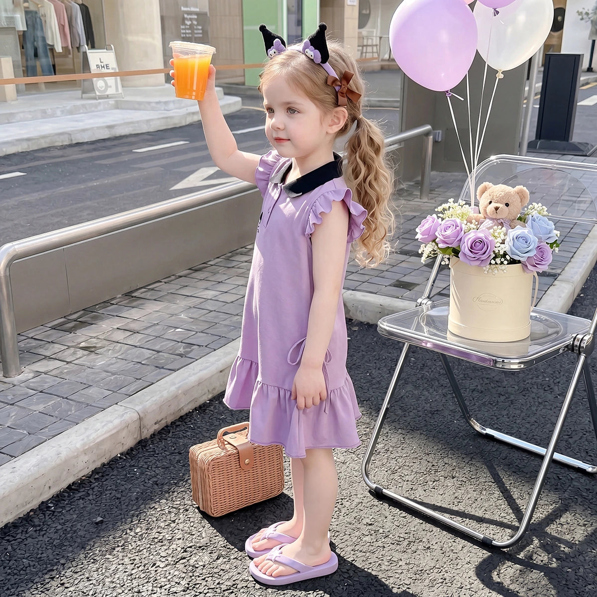 Girls Purple Graphic Print Flutter Sleeve Polo Dress Casual Dresses
