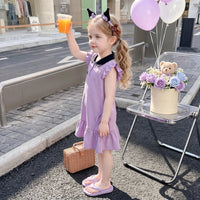 Girls Purple Graphic Print Flutter Sleeve Polo Dress Casual Dresses
