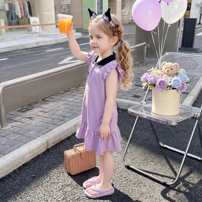 Girls Purple Graphic Print Flutter Sleeve Polo Dress Casual Dresses