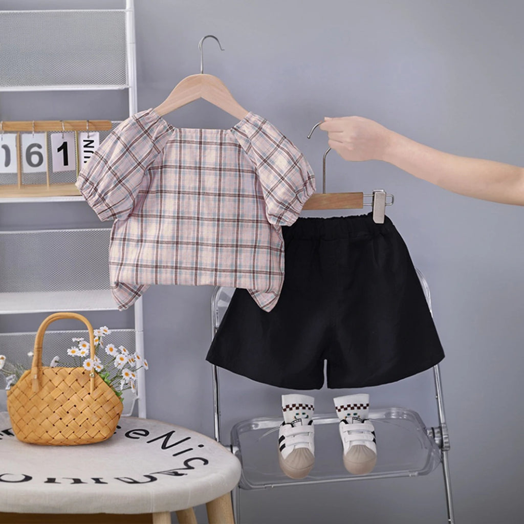 Girls Khaki Checked Big Bow Applique Top With Pleated Shorts Set Sets