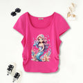 Girls Pink Mermaid Print Short Sleeves Scoop Neck T-Shirt Tshirts Pink 7-8 Y