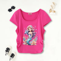 Girls Pink Mermaid Print Short Sleeves Scoop Neck T-Shirt Tshirts Pink 7-8 Y