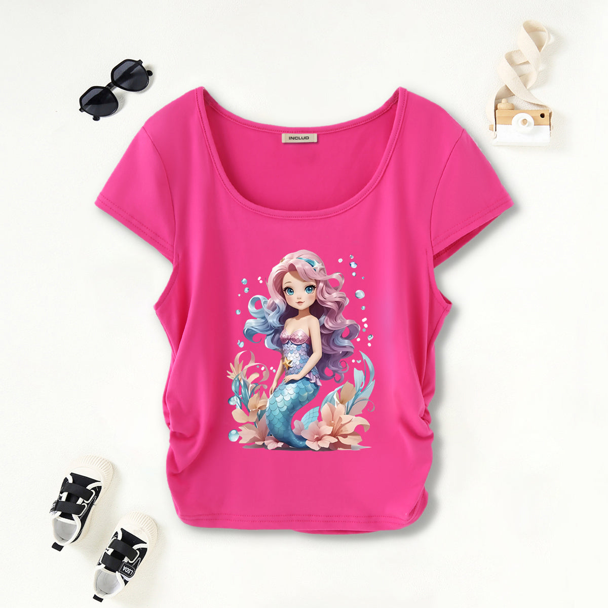 Girls Pink Mermaid Print Short Sleeves Scoop Neck T-Shirt Tshirts Pink 7-8 Y