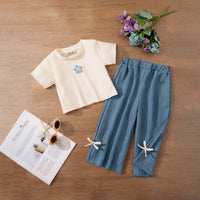 Girls Apricot Flower Applique Short Sleeves Top With Pants Set Sets Apricot 1-2 Y