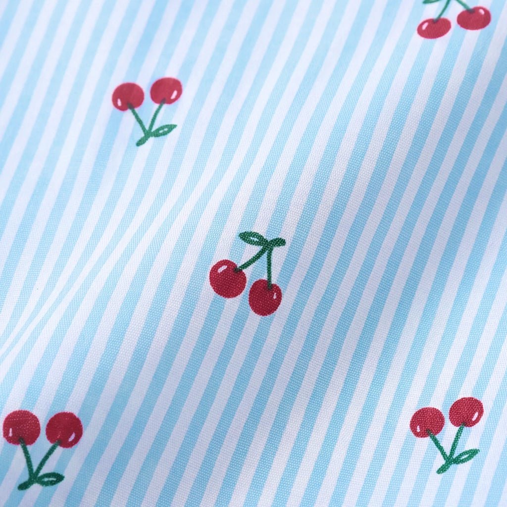Girls Light Blue Cherry Print Puff Sleeve Fit & Flare Dress Casual Dresses