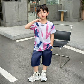 Boys White Abstract Printed Short Sleeve T-Shirt With Shorts Sets 2 pc. Sets White 5-6 Y