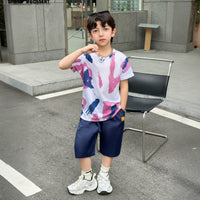 Boys White Abstract Printed Short Sleeve T-Shirt With Shorts Sets 2 pc. Sets White 5-6 Y