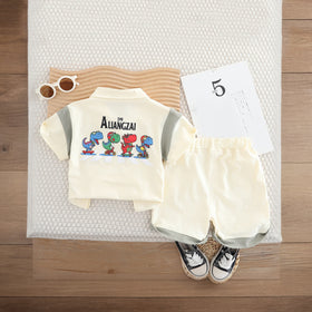 Boys Off White Cartoon Graphic Polo T-Shirts With Elasticated Shorts Set Sets