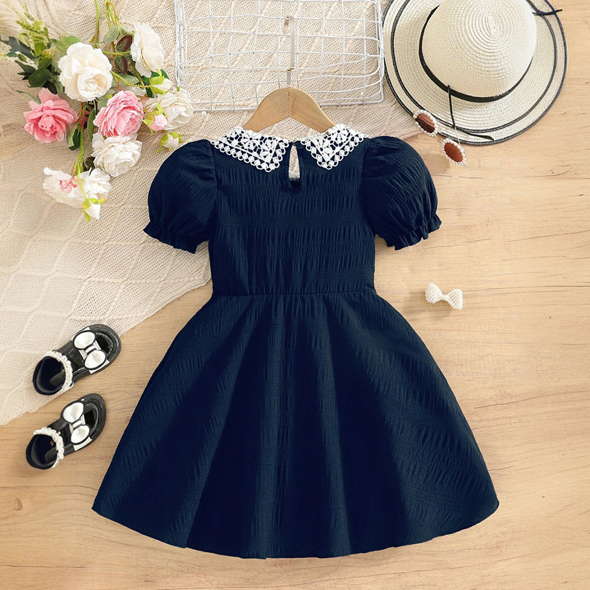 Girls Navy Blue Textured Puff Sleeve Fit & Flare Dress Casual Dresses
