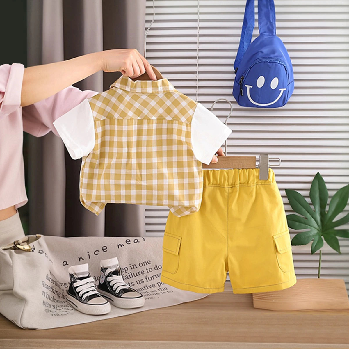 Boys Yellow Checked Shirt With Shorts & Sling Bag Sets Sets