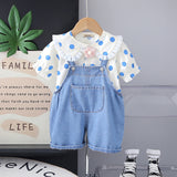 Girls Blue Polk Dot Printed Puff Sleeves Top With Denim Dungaree Set