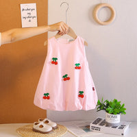 Girls Light Pink Cherry Applique Sleeveless Balloon Dress Casual Dresses Light Pink 1-2 Y