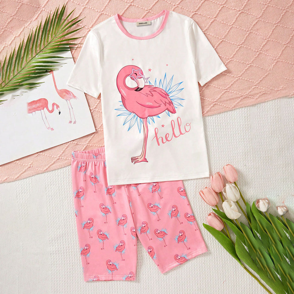 Girls Pink Flamingo Printed T-shirt with Shorts Set Sets Pink 7-8 Y